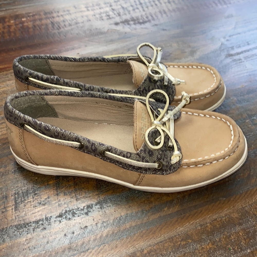 Girls Size 1.5 Sperry Firefish Boat Shoes in Linen/Cheetah